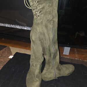 Olive Green Suede Over-the-Knee Boots